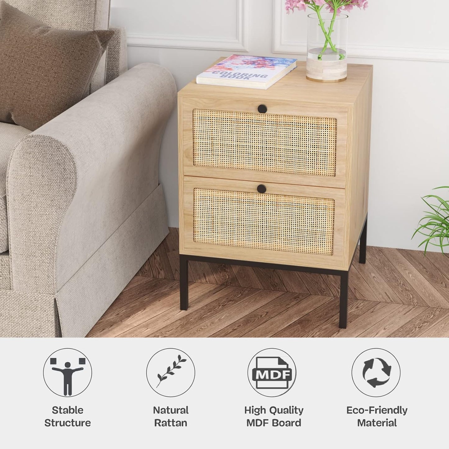 Natural Rattan Nightstand with Boho Charm