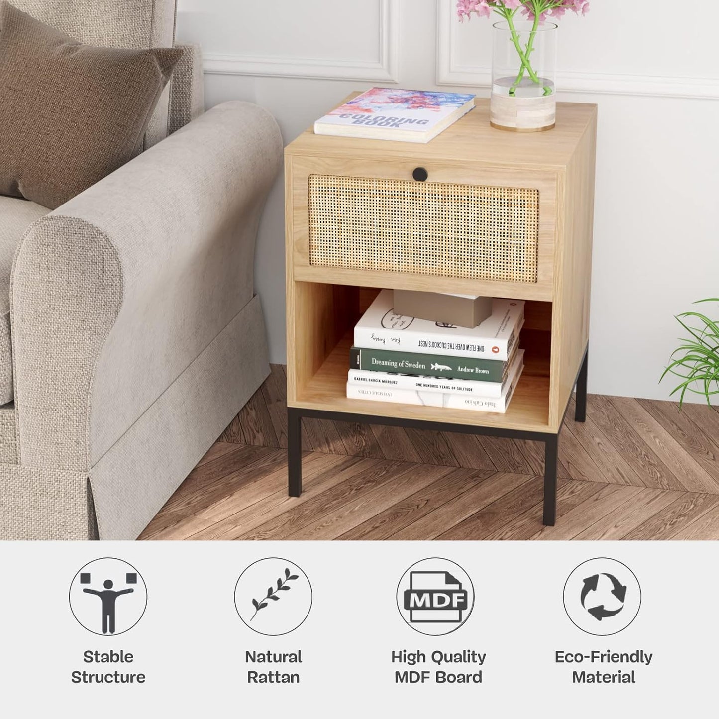Natural Wood Nightstand Bedside Table Handmade Minimalist Style